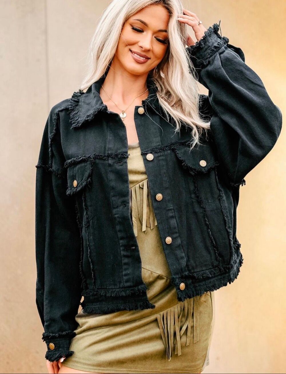 Black Oversized Raw Hem Denim Shacket Jacket Frayed Trucker Button Up HYFVE L